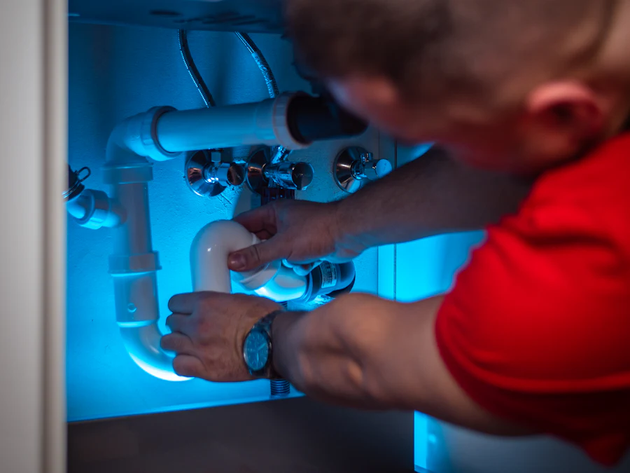 Plumber reaching into a kitchen cabinet to repair the pipework under a sink