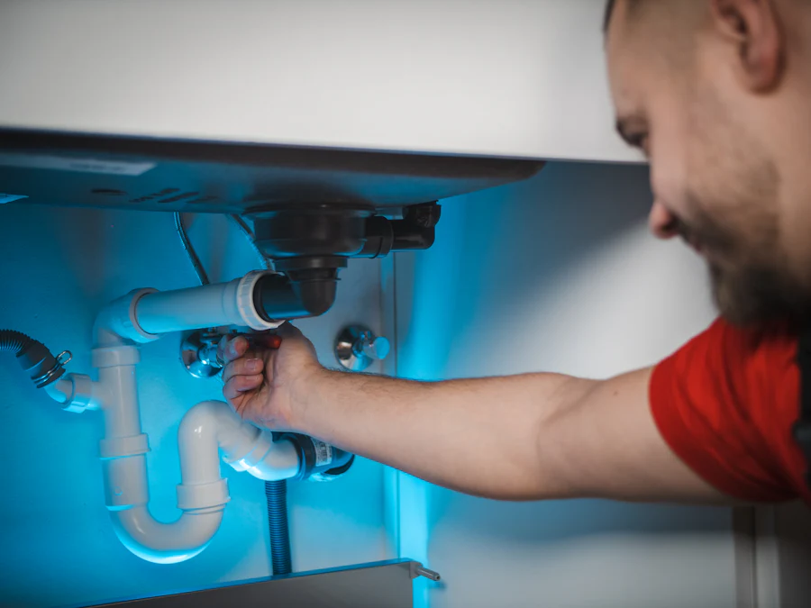 Plumber in a red T-shirt fixing a waste pipe behind a bathroom basin